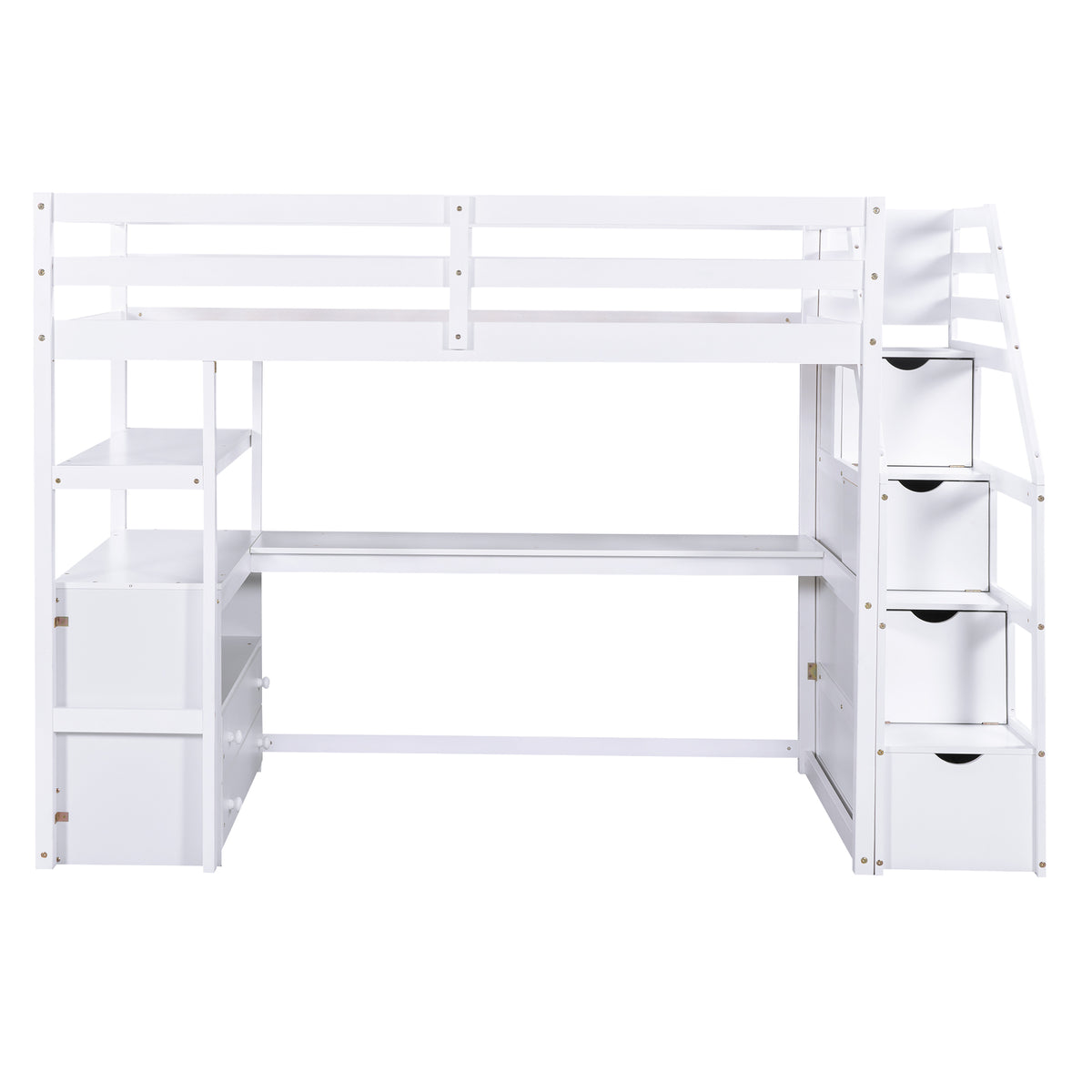 White Twin Size Loft Bed with Built-in Desk, Shelves, Drawers, and Storage Staircase, Solid Pine Wood