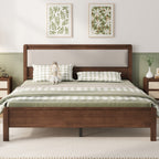 Queen Size, Solid Rubber Wooden Bed with Upholstered Headboard, Reinforced by Central Support Legs,Walnut