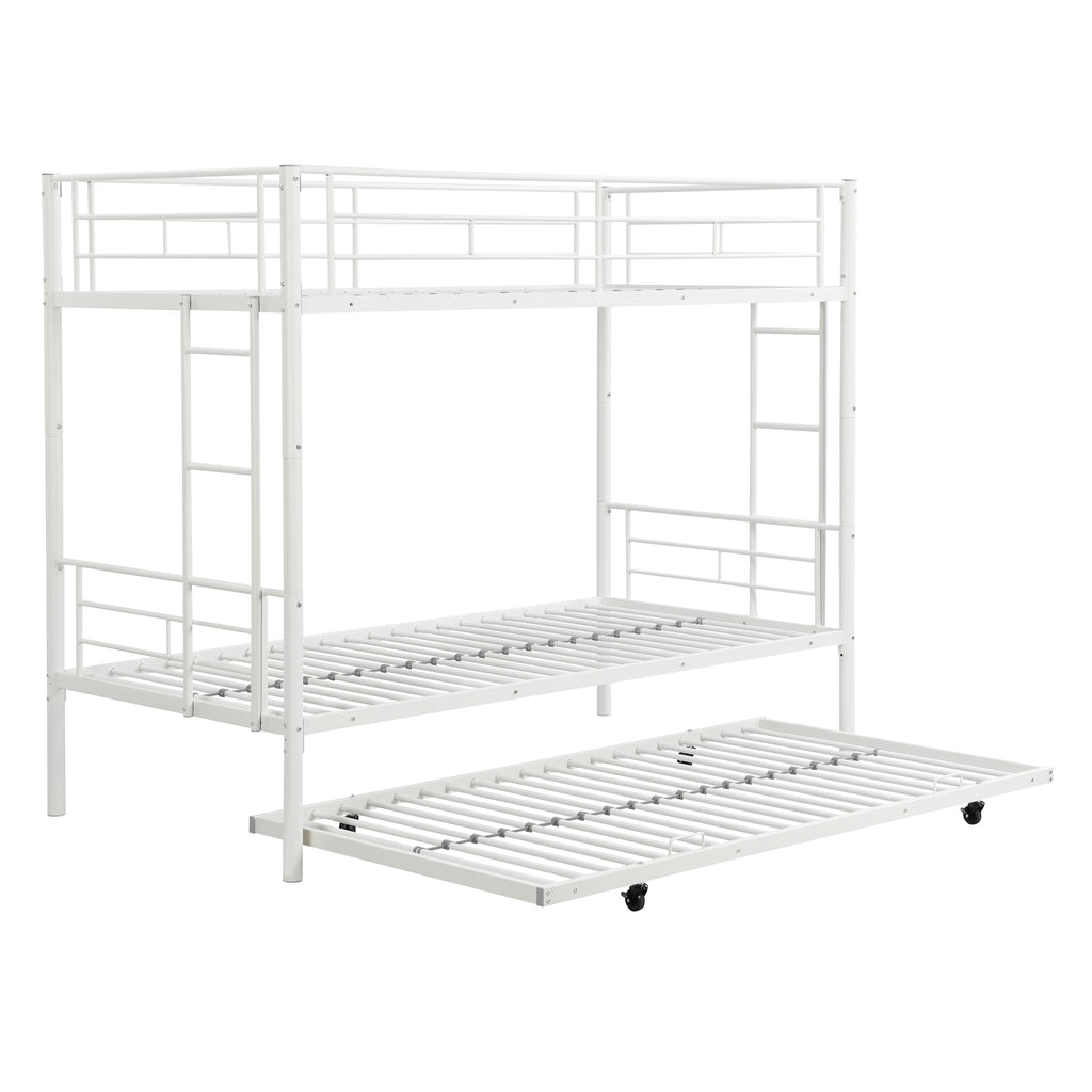 White Metal Bunk Bed with Trundle - Modern Space-Saving Design for Kids, Durable Steel Frame, Fits All Mattress Types