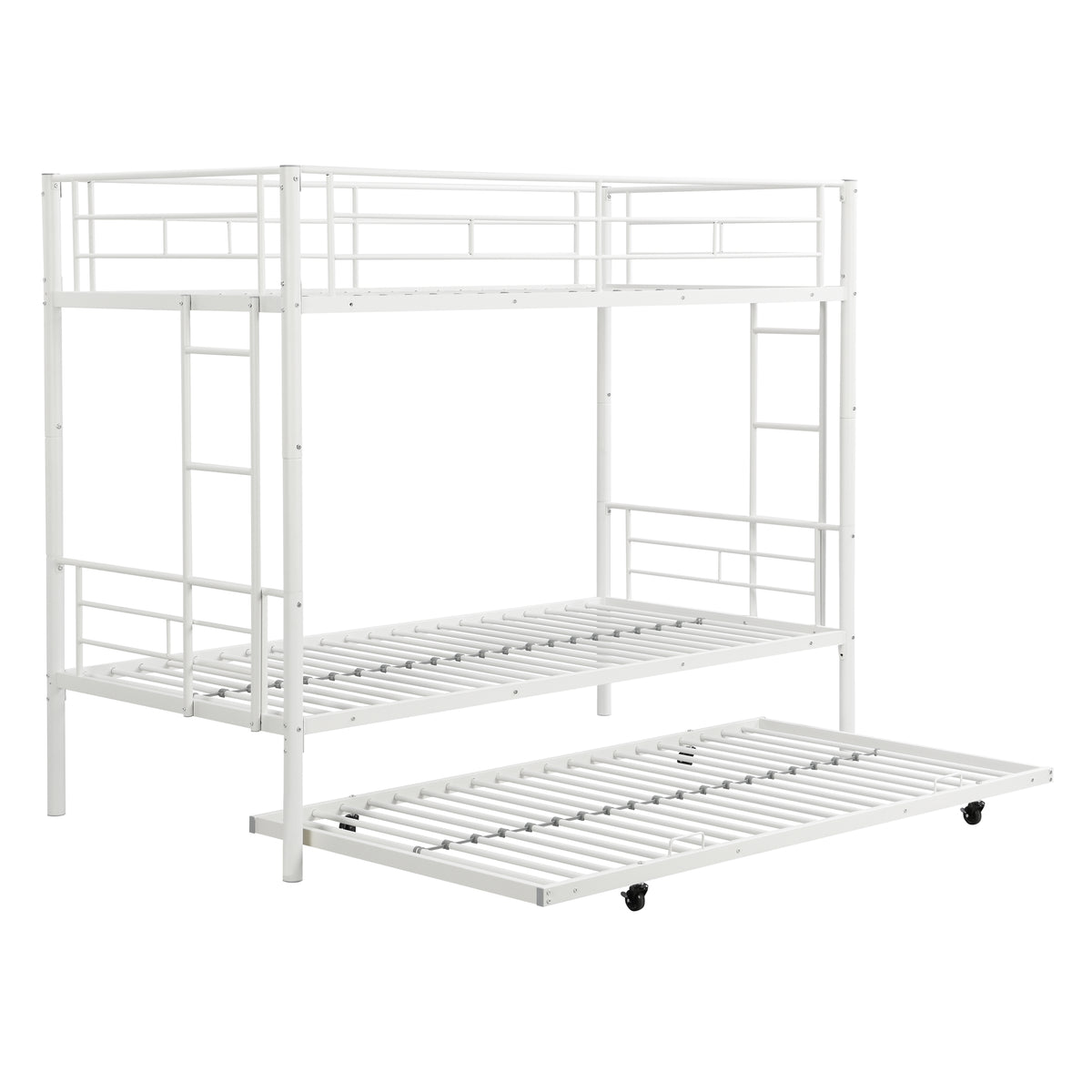 White Metal Bunk Bed with Trundle - Modern Space-Saving Design for Kids, Durable Steel Frame, Fits All Mattress Types