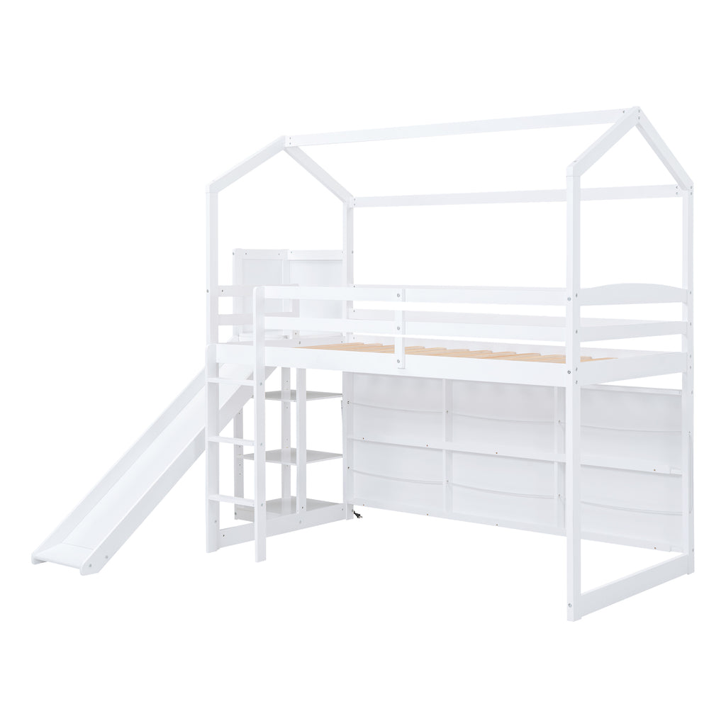 White Twin Size Wood House Loft Bed with Slide, Storage Shelves and Light, Pine Wood+MDF