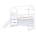 White Twin Size Wood House Loft Bed with Slide, Storage Shelves and Light, Pine Wood+MDF