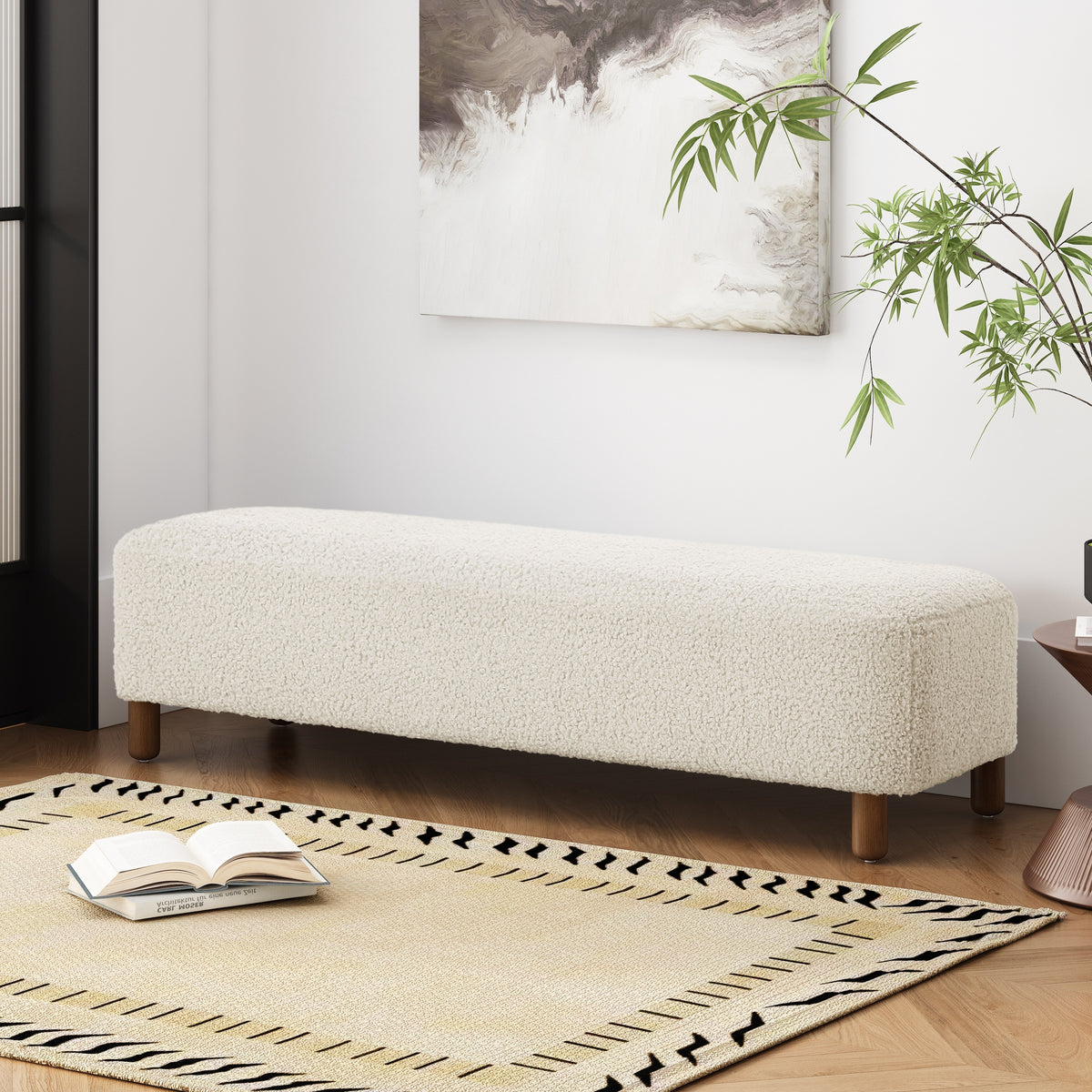Modern White Ottoman with Durable Upholstery and Foam Cushion, 60.25 x 20.50 x 15.50 inches