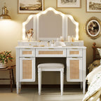 44.37' Makeup Vanity Desk with Stool Set, 13 Hollywood Bulbs & 3 Lighting Modes Dressing Table, Tri-Fold Mirror Large Vanity Table with Cushioned Stool, Charging Station, Ample Storage, White