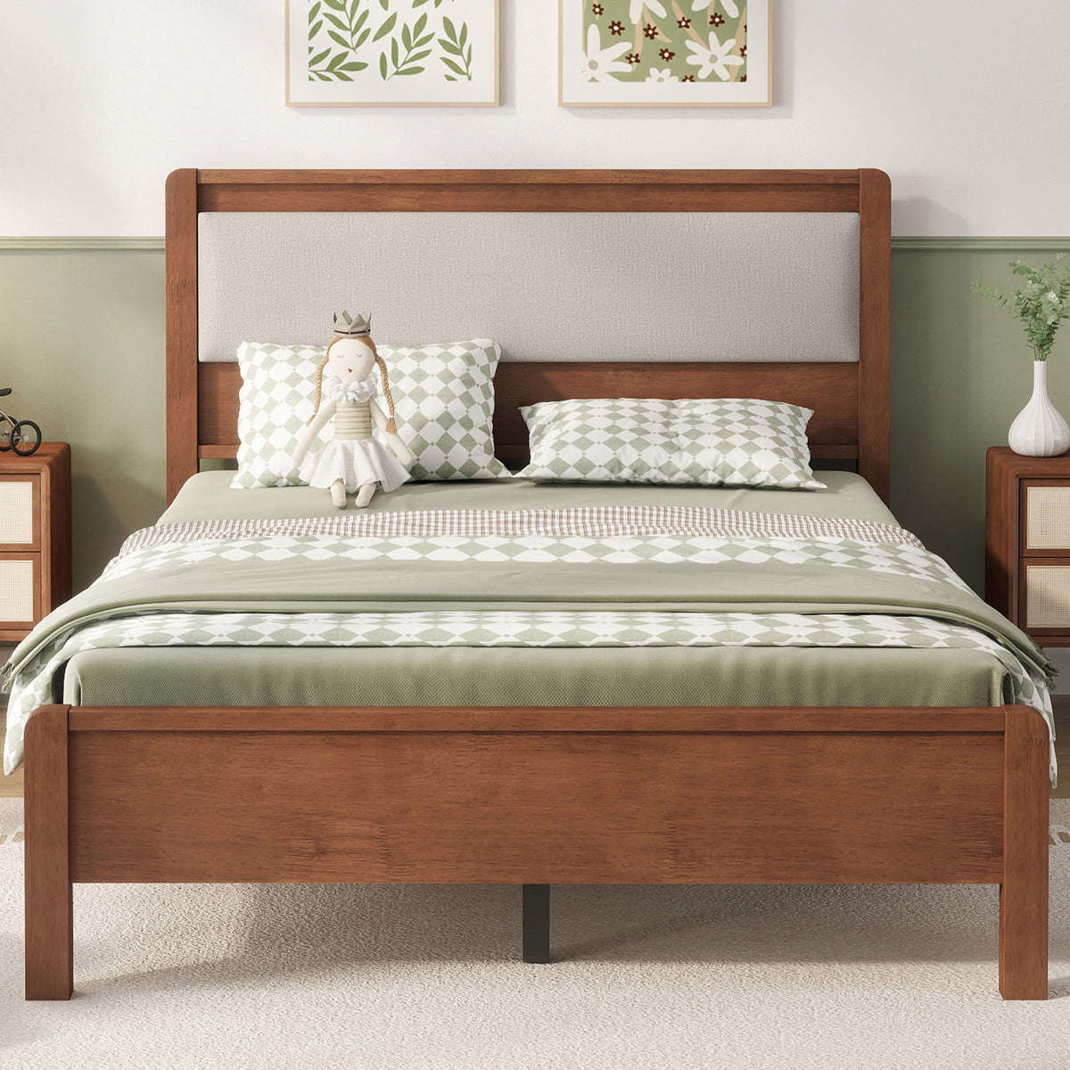 Full Size, Solid Rubber Wooden Bed with Upholstered Headboard, Reinforced by Central Support Legs,Brown