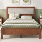 Full Size, Solid Rubber Wooden Bed with Upholstered Headboard, Reinforced by Central Support Legs,Brown