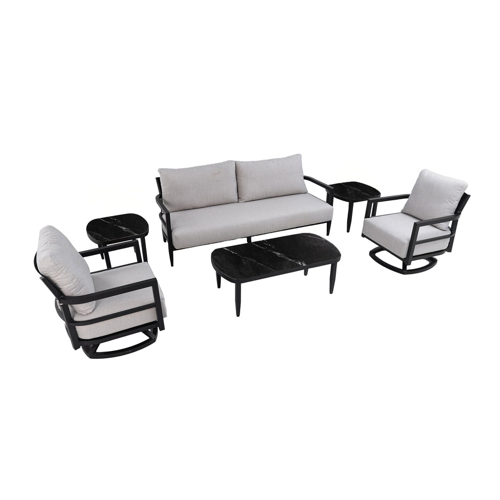 6PC Outdoor Conversation Set with 360° Swivel Chairs, Marble-Inspired Sintered Stone Table, Ember Black Aluminum Frame & Cast Silver Sunbrella Cushions