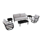6PC Outdoor Conversation Set with 360° Swivel Chairs, Marble-Inspired Sintered Stone Table, Ember Black Aluminum Frame & Cast Silver Sunbrella Cushions