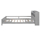Antique Grey Wood Full Size Platform Bed with Built-in LED Light, Storage Headboard and Guardrail, Solid Pine Wood+MDF