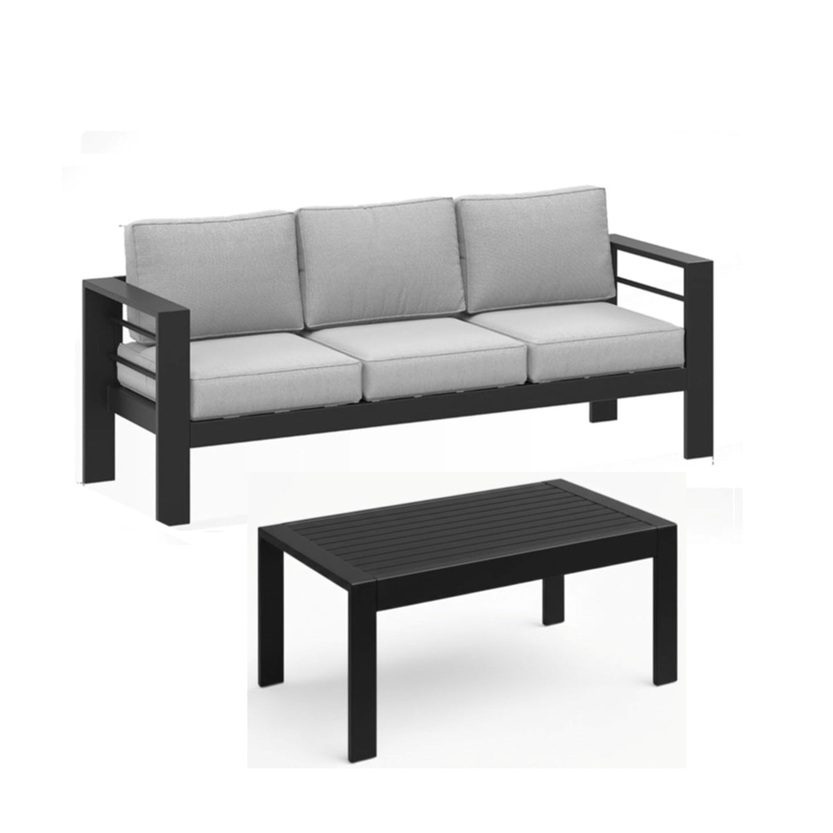 Modern Outdoor Patio Set with 3-Seat Metal Sofa and Coffee Table, Black Frame, Light Gray Cushions, All-Weather Durable Design