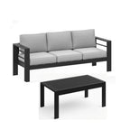 Modern Outdoor Patio Set with 3-Seat Metal Sofa and Coffee Table, Black Frame, Light Gray Cushions, All-Weather Durable Design
