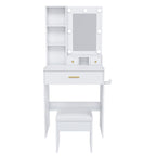 White Vanity Table with Mirror, Adjustable LED Lights, Power Outlet, Hairdryer Holder & Stool – Compact Dressing Desk for Small Bedrooms