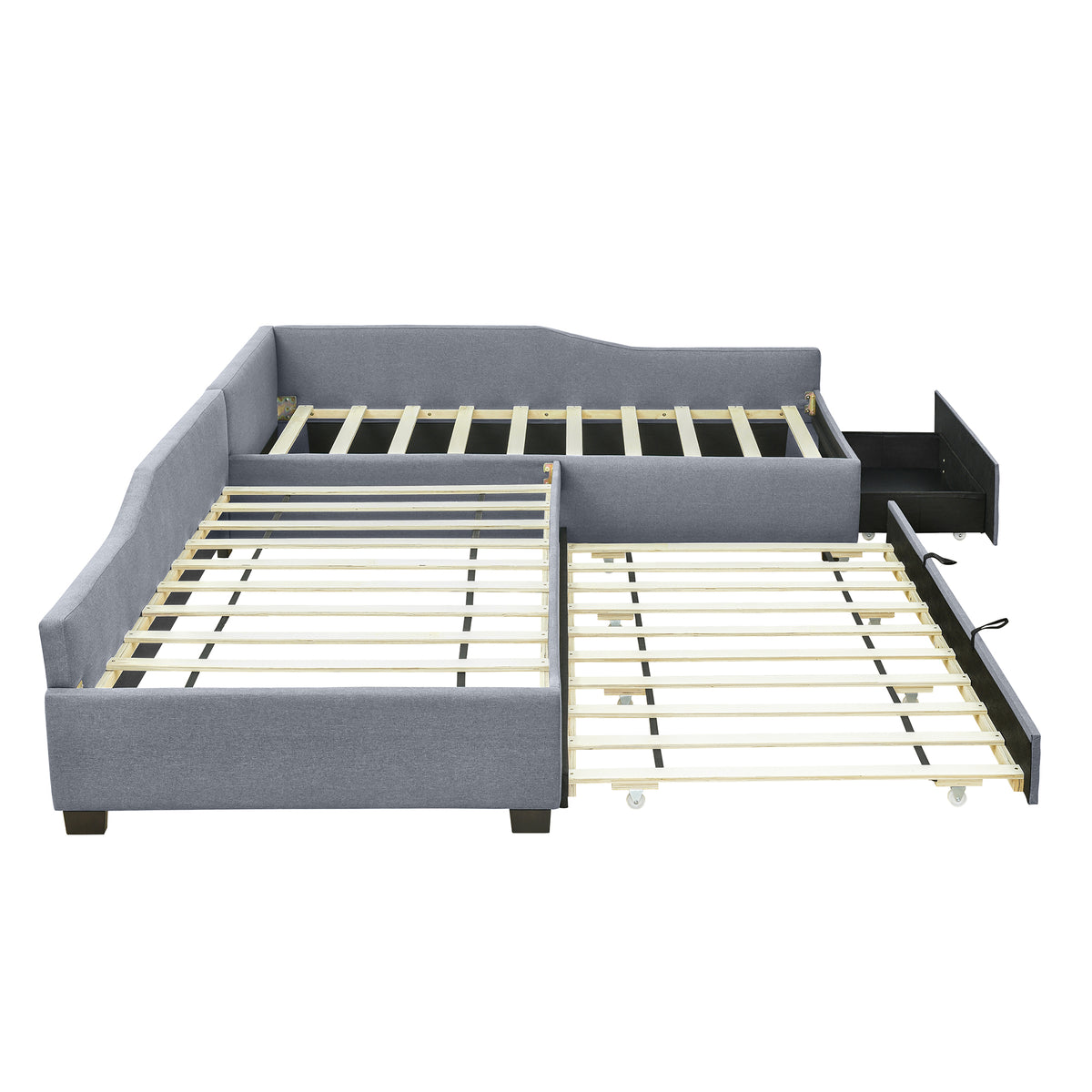 Gray Upholstered Double Twin Daybed with Trundle and Drawer, Plywood Frame, 120''L x 78.5''W x 21.5''H