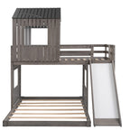 Hearth & Haven Twin over Full Bunk Bed with Playhouse, Farmhouse, Ladder, Slide and Guardrails, Antique Grey