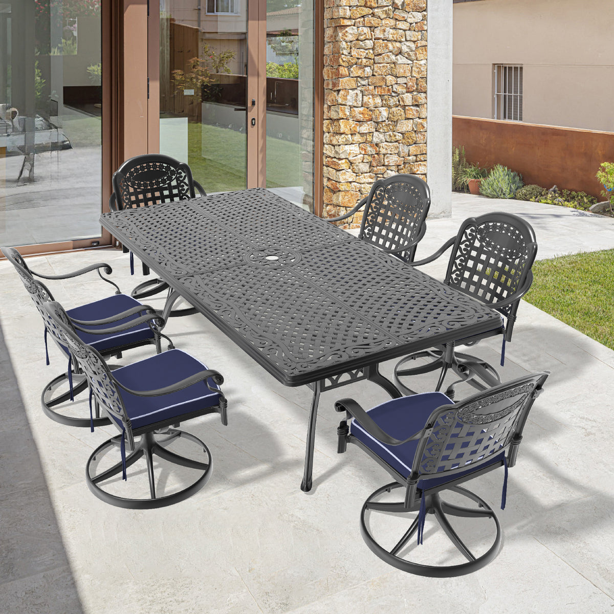 7-Piece All-Weather Cast Aluminum Dining Set, Include 6 Swivel Chairs and Rectangular Table With Black Frame (same sku:W1710S00474)