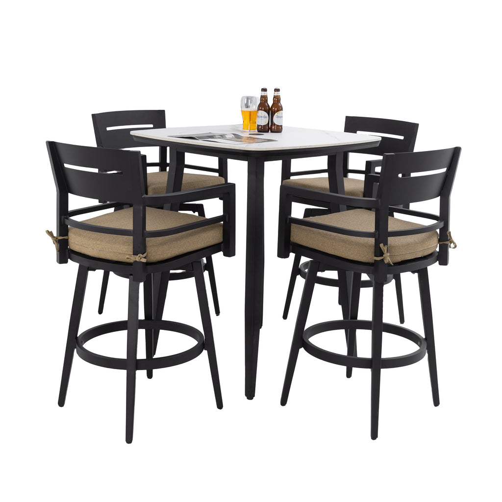 Modern 5PC Outdoor Patio Bar Set,Rounded Square Sintered Stone Table & 4 Swivel Bar Chairs,Non-Rust Aluminum Frame,Ember Black, Marble-Inspired Top,Bearing Swivel Plate,Tapered Legs,Sunbrella Cushion
