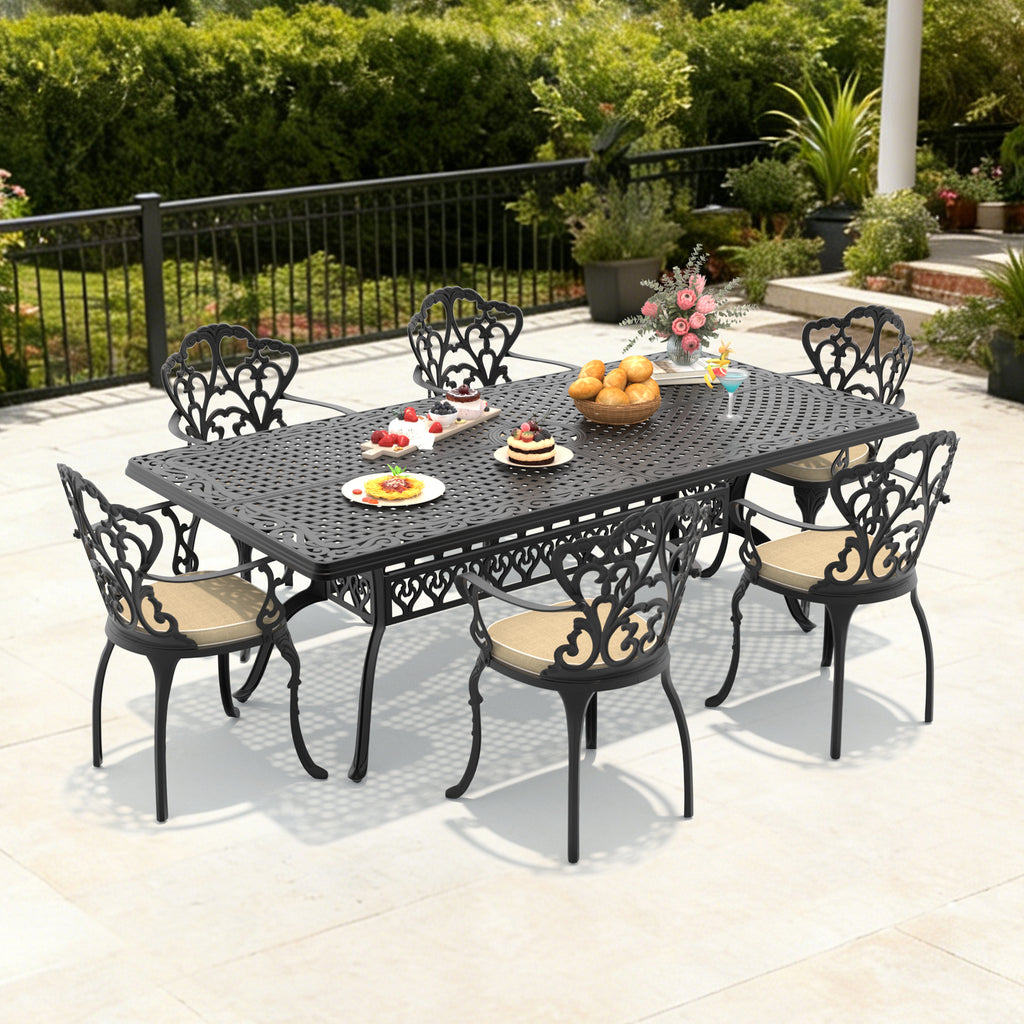 7-Piece Set Of Cast Aluminum Patio Furniture With Black Frame and Off-white Seat Cushions(same sku:W1710S00173 , W1710S00409)
