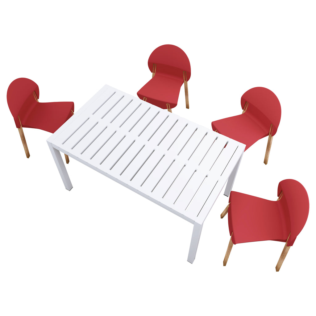 Four-piece Set of Single Chairs with a Design Combining Modern and Traditional Elements with  55-Inch White Long Table,Red/White,20.08*19.29*31.89 (in)/55.12*31.5*29.53 (in),PP/Red Oak/Metal