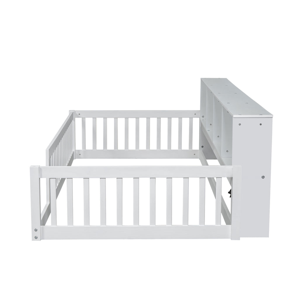 White Wood Twin XL Floor Bed with Storage Cabinets and USB Ports, Solid Pine Wood+MDF