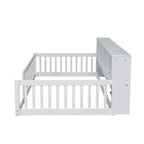 White Wood Twin XL Floor Bed with Storage Cabinets and USB Ports, Solid Pine Wood+MDF