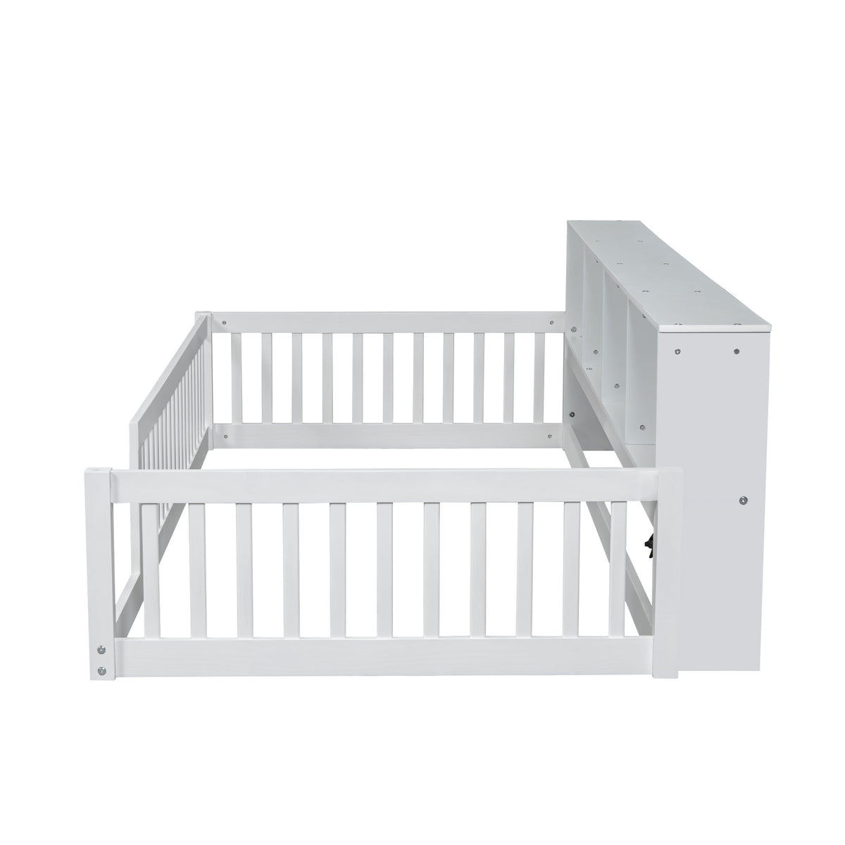 White Wood Twin XL Floor Bed with Storage Cabinets and USB Ports, Solid Pine Wood+MDF