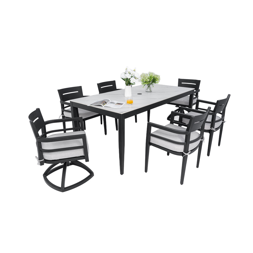 Modern 7PC Outdoor Patio Aluminum Dining Set, 35.5'x71' Rectangular Dining Table, Greek White Marble-Inspired Sintered Stone Top, Ember Black, 4 Chairs & 2 Swivel Rockers, Sunbrella Cushions