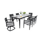 Modern 7PC Outdoor Patio Aluminum Dining Set, 35.5'x71' Rectangular Dining Table, Greek White Marble-Inspired Sintered Stone Top, Ember Black, 4 Chairs & 2 Swivel Rockers, Sunbrella Cushions