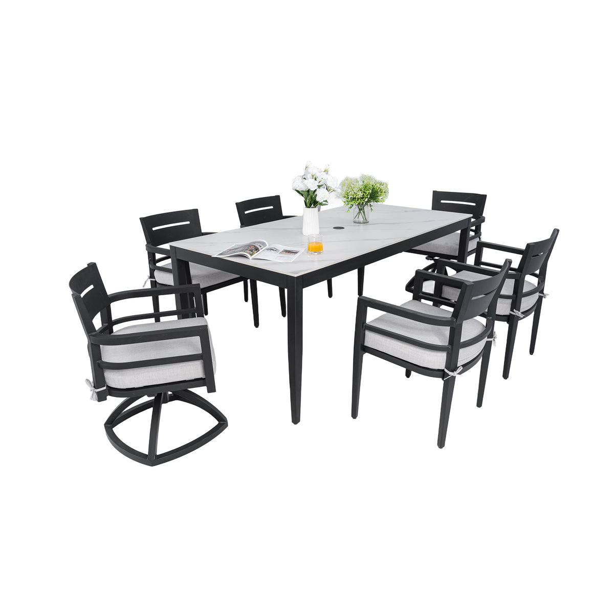 Modern 7PC Outdoor Patio Aluminum Dining Set, 35.5'x71' Rectangular Dining Table, Greek White Marble-Inspired Sintered Stone Top, Ember Black, 4 Chairs & 2 Swivel Rockers, Sunbrella Cushions