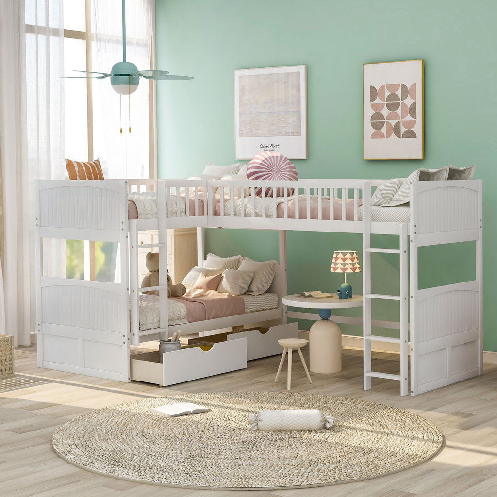 White Twin Size Bunk Bed with Loft and Two Drawers, Pine Wood and MDF, 118.9''L x 78.7''W x 61.4''H