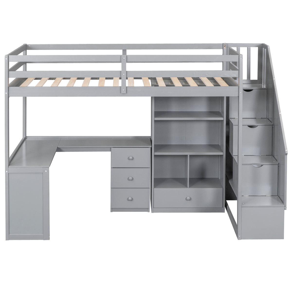 Gray Twin Size Loft Bed with L-Shaped Desk, Drawers, Cabinet and Storage Staircase, Pine Wood and MDF