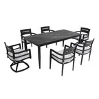 Modern 7PC Outdoor Patio Aluminum Dining Set, 35.5'x71' Rectangular Table with Black Marble-Look Sintered Stone Top, Ember Black, 4 Chairs & 2 Swivel Rockers, Sunbrella Cushions
