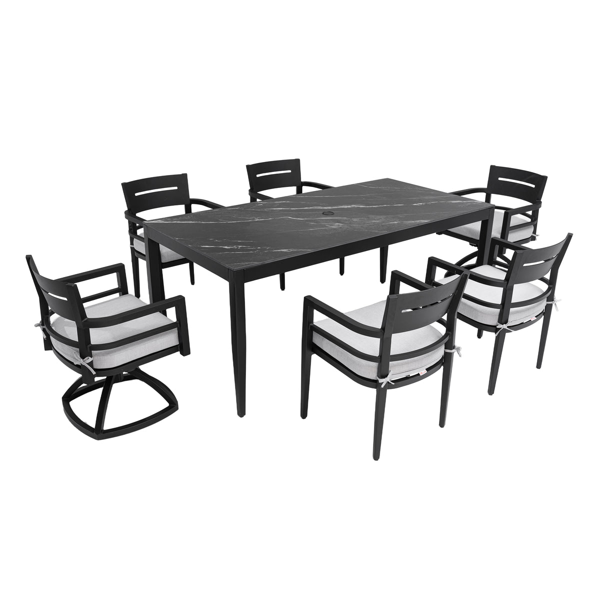 Modern 7PC Outdoor Patio Aluminum Dining Set, 35.5'x71' Rectangular Table with Black Marble-Look Sintered Stone Top, Ember Black, 4 Chairs & 2 Swivel Rockers, Sunbrella Cushions