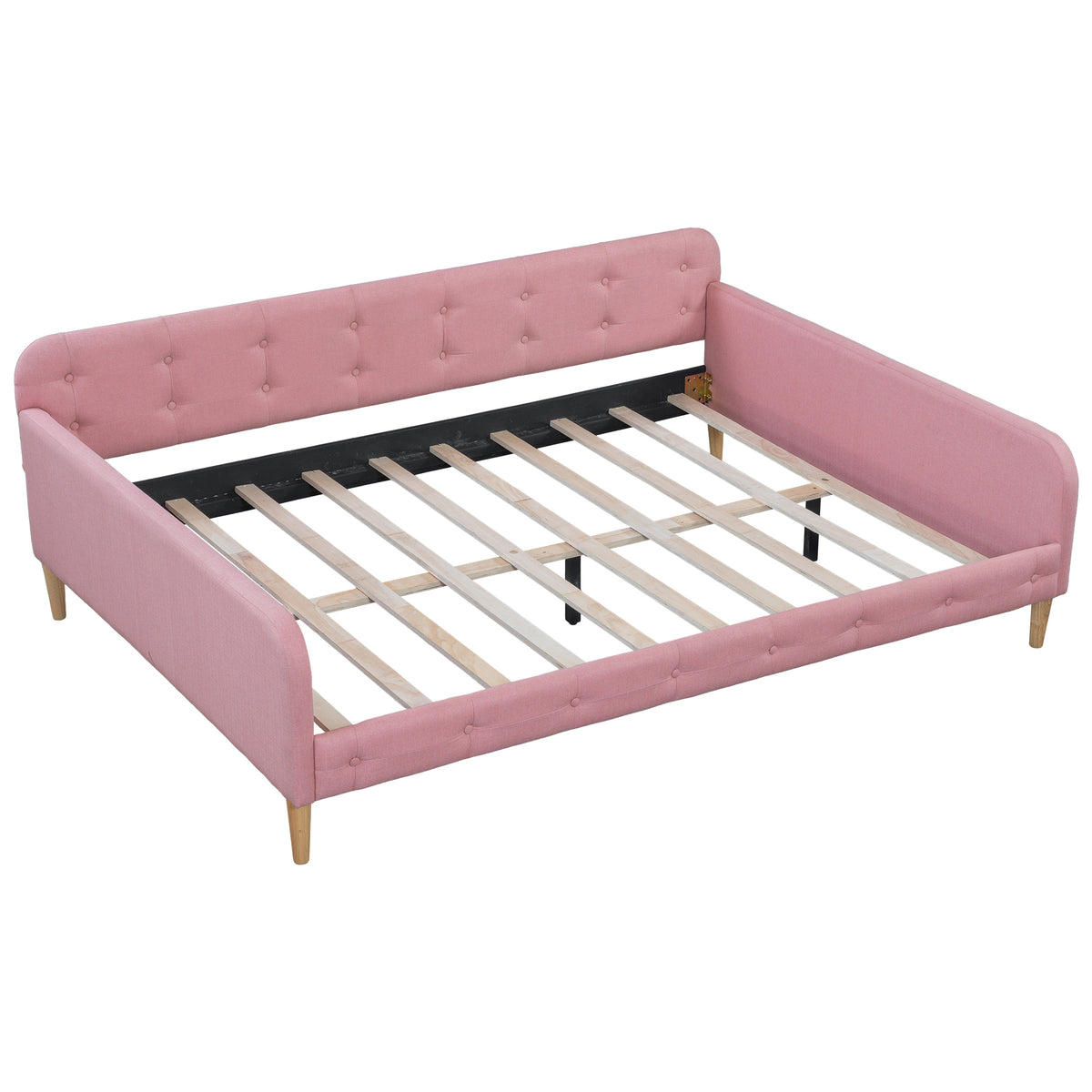 Rubine Full Size Upholstered Daybed with 4 Support Legs in Pink, Linen Fabric over Foam, Solid Pine Wood and MDF Frame