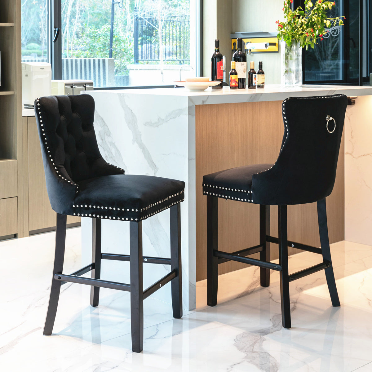 Contemporary Velvet Upholstered Barstools with Button Tufted Decoration and Wooden Legs, and Chrome Nailhead Trim, Leisure Style Bar Chairs,Bar stools, Set of 2 (Black),SW2002BK