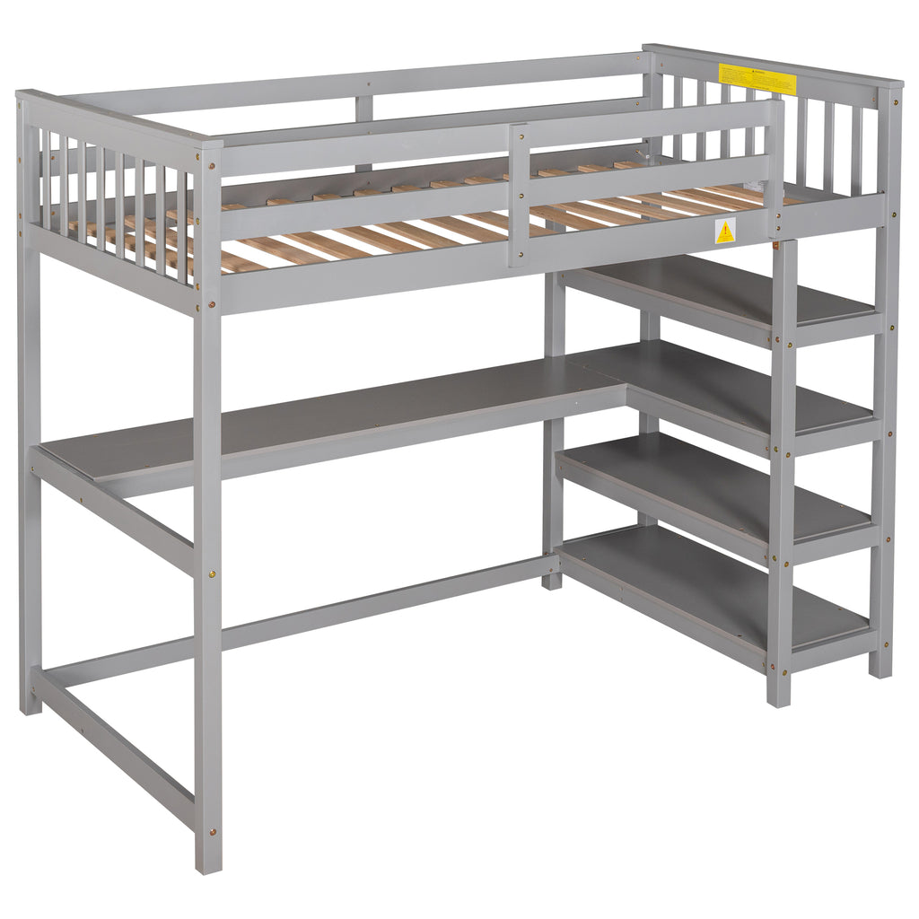 Gray Twin Size Loft Bed with Storage Shelves and Under-bed Desk, Solid Pine Wood and MDF, 79.7''L x 42''W x 68.3''H