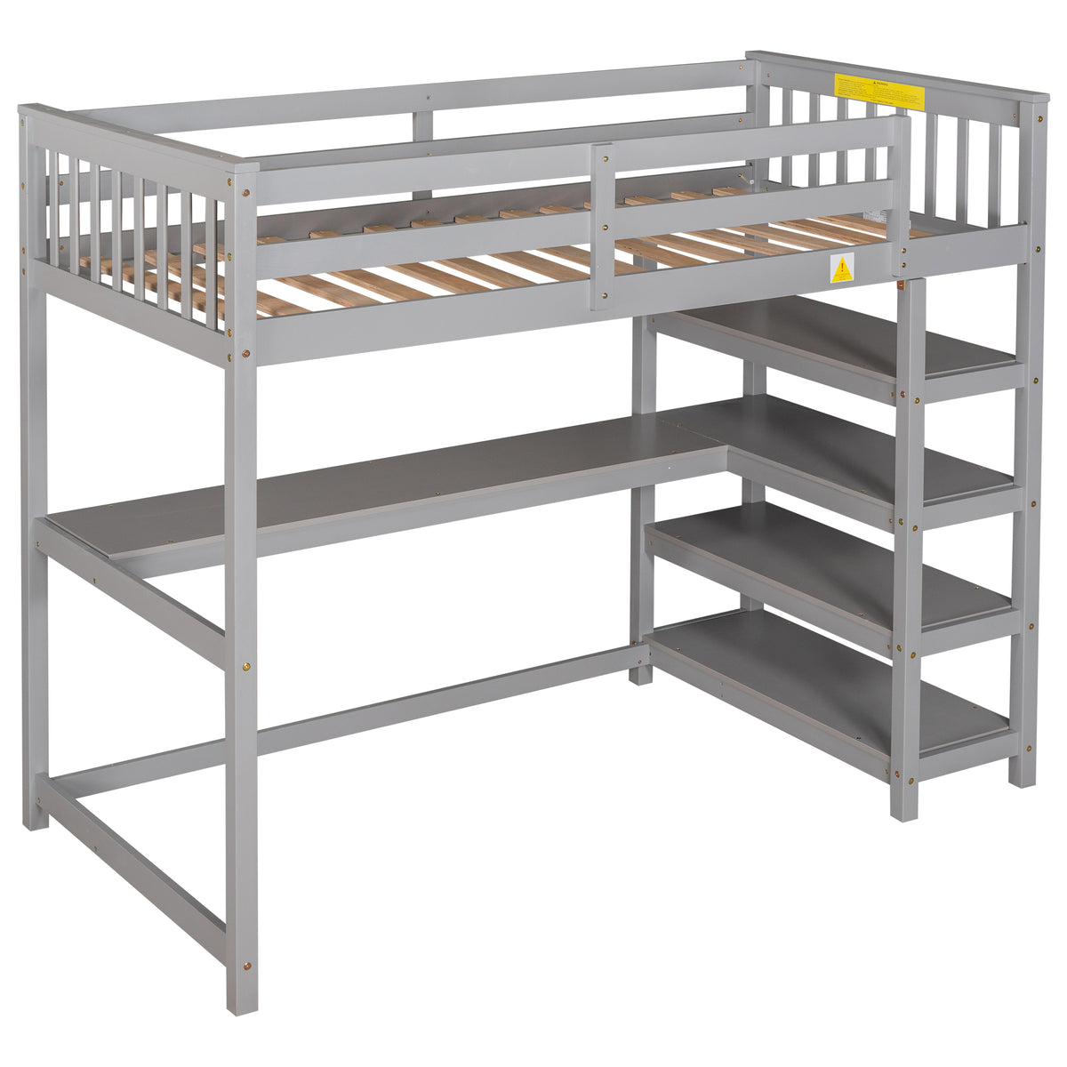 Gray Twin Size Loft Bed with Storage Shelves and Under-bed Desk, Solid Pine Wood and MDF, 79.7''L x 42''W x 68.3''H