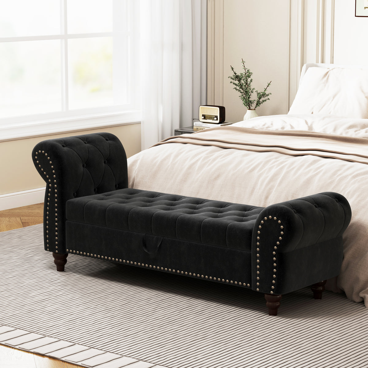 64.5' Bed Bench for Bed Room Nails Tufted Chaise of Lounge with Storage Velvet Upholstery Black