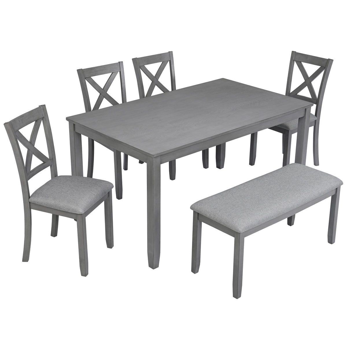 6PCs Kitchen Dining Set, Rectangular Wooden Dining Table with 4 Upholstered Chairs and a Bench, Dining Table Set for 6 People, Living Room, Home Bar and Kitchen, Gray