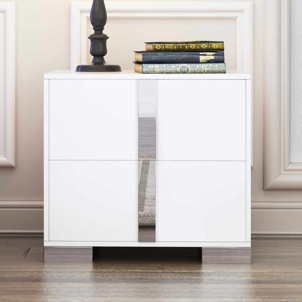 Elegant Nightstand with Metal Foot, Mirrored Bedside Table with 2 Drawers for Bedroom, Living Room, White (Old SKU: WF319353AAK)
